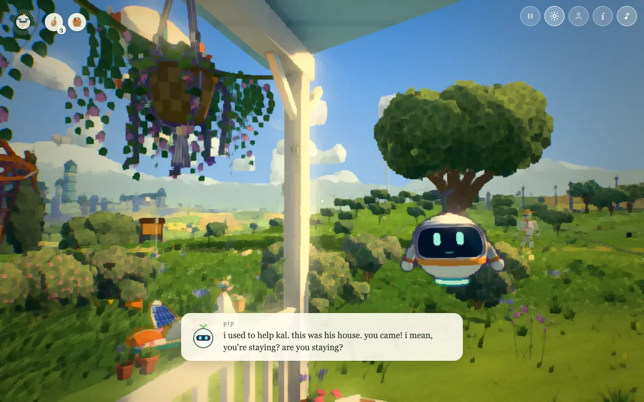 the porch of kal’s house in the morning, pip floating beside you