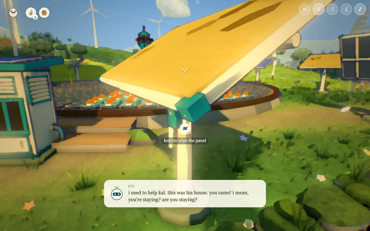 the drone base’s solar panels, some dusty with pollen, a hold-to-wipe prompt on screen