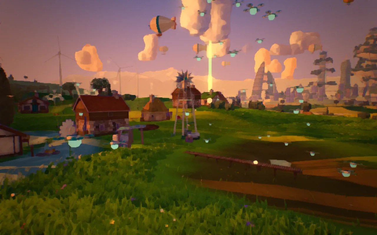 the hamlet at dusk: cottages by the river, the wind pump, drones flying home and the city beyond
